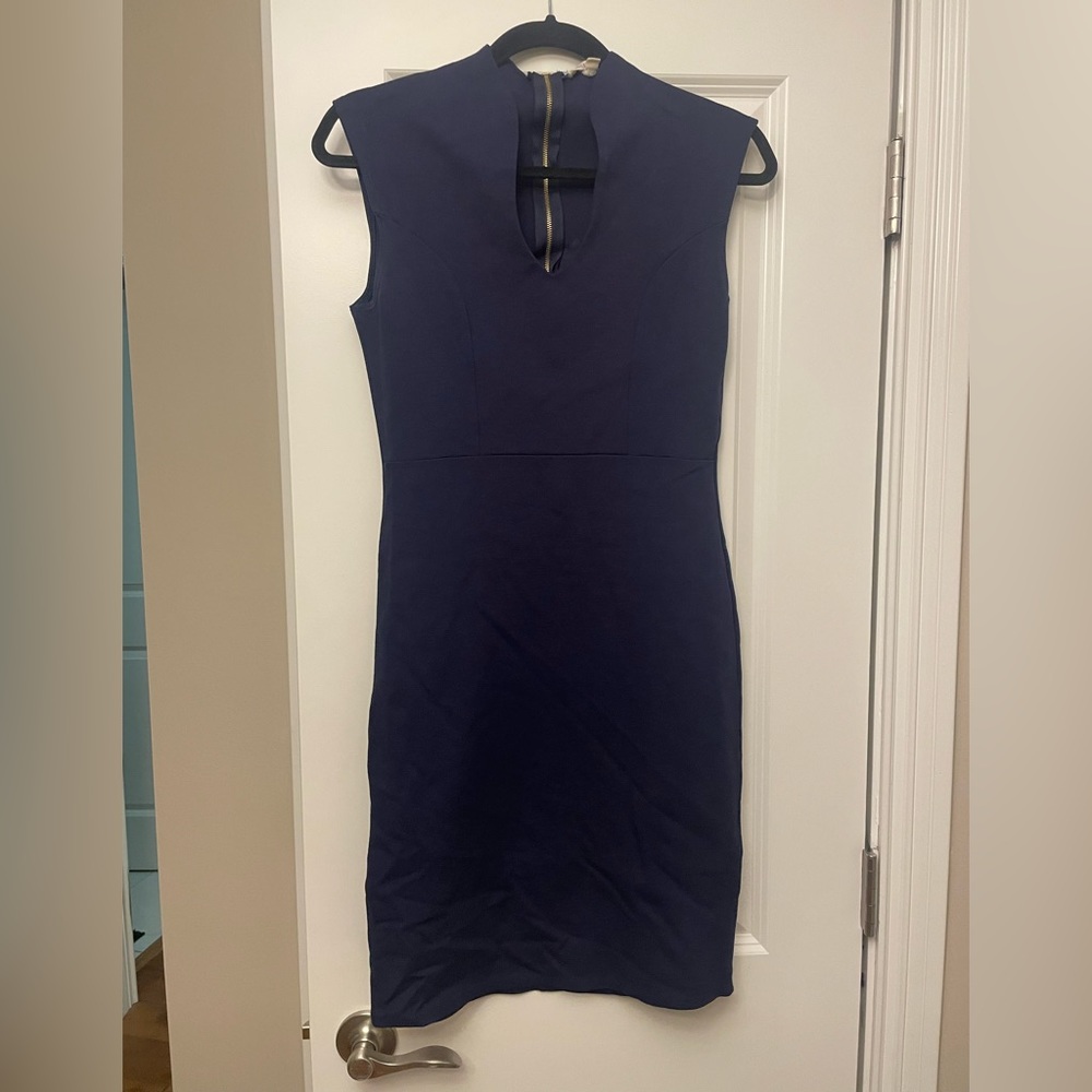 Navy body con dress, gold zipper, size L
